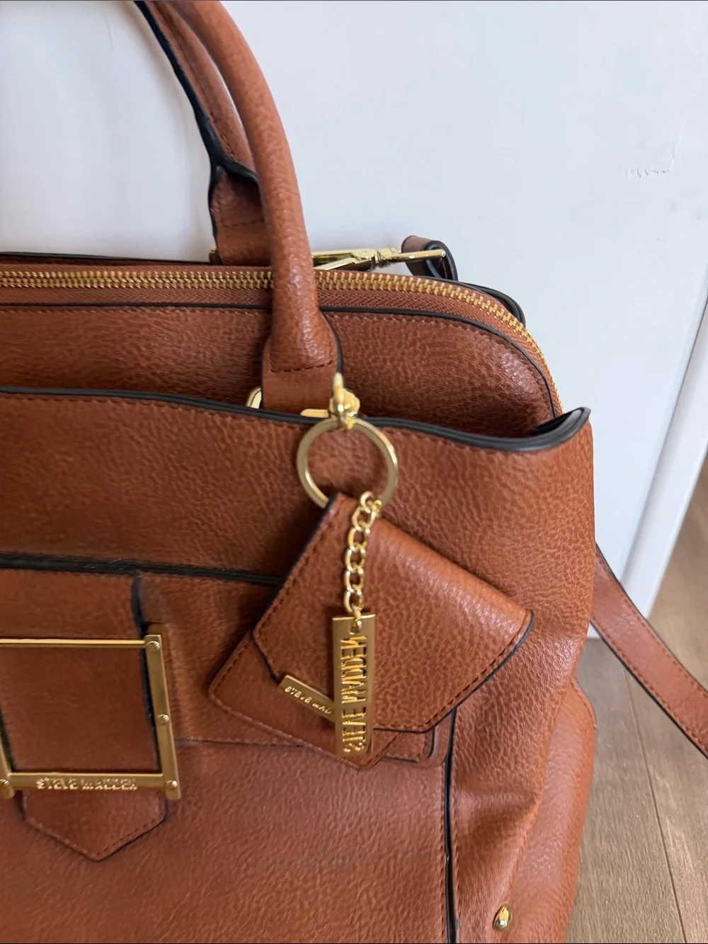 Steve Madden Brown Leather Top-Handle Satchel Bag with Gold Hardware